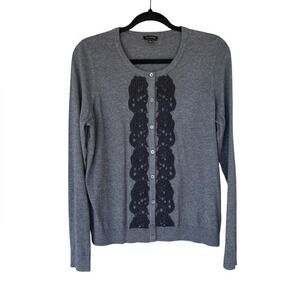 Talbots Gray Lace Trim Button Front Cardigan Sweater Sz L Academia Cottagecore